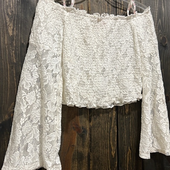Guess Off Shoulder Lace Crop Top S Flare Bell Sleeves Festival Stretch Boho - Picture 2 of 8